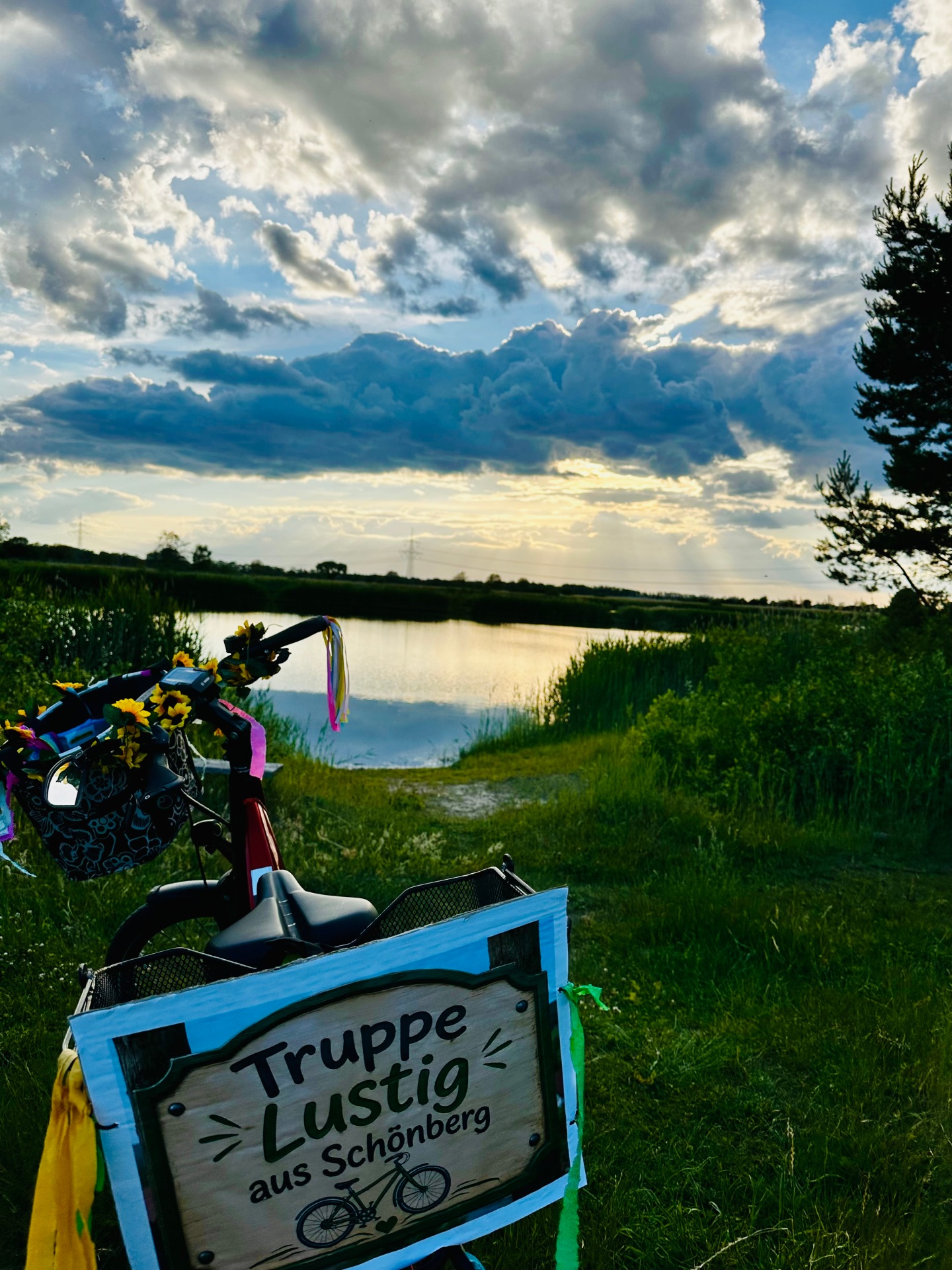 Blick vom Ufer ins Baggerloch im Ortsteil Schönberg, im Vordergrund ein Fahrrad