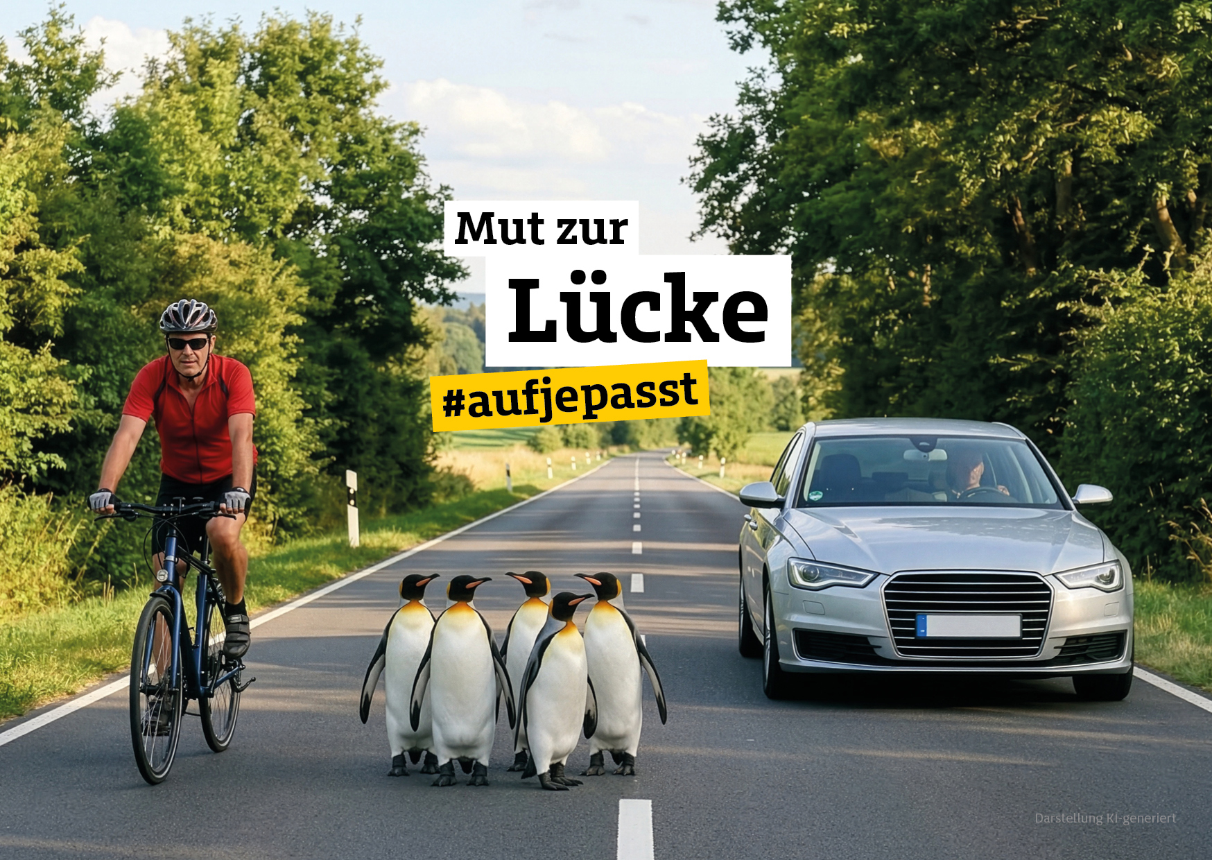 Mann auf den Rad auf der Straße und fünf Pinguine begrenzen den Abstand zum vorbeifahrenden Auto 
